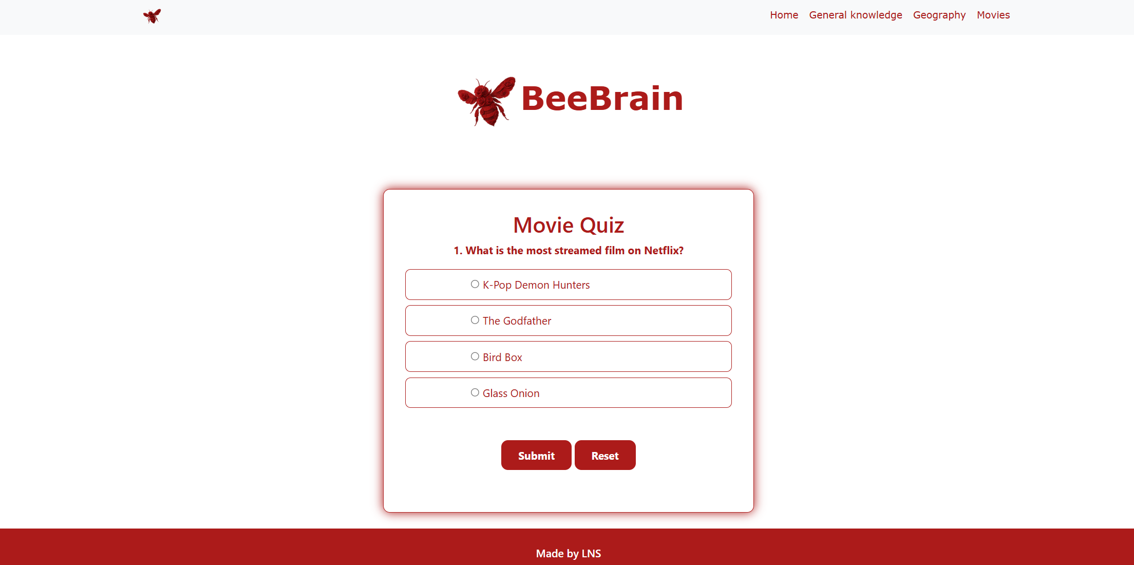 screenshot of bee brain quiz website